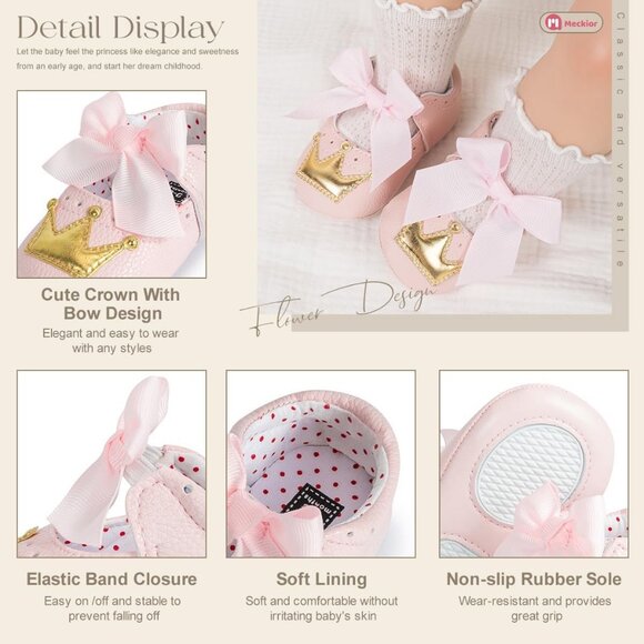 Infant Pink Gold Polyurethane Baby Girls Handmade Princess Flats First Walkers - Picture 5 of 6